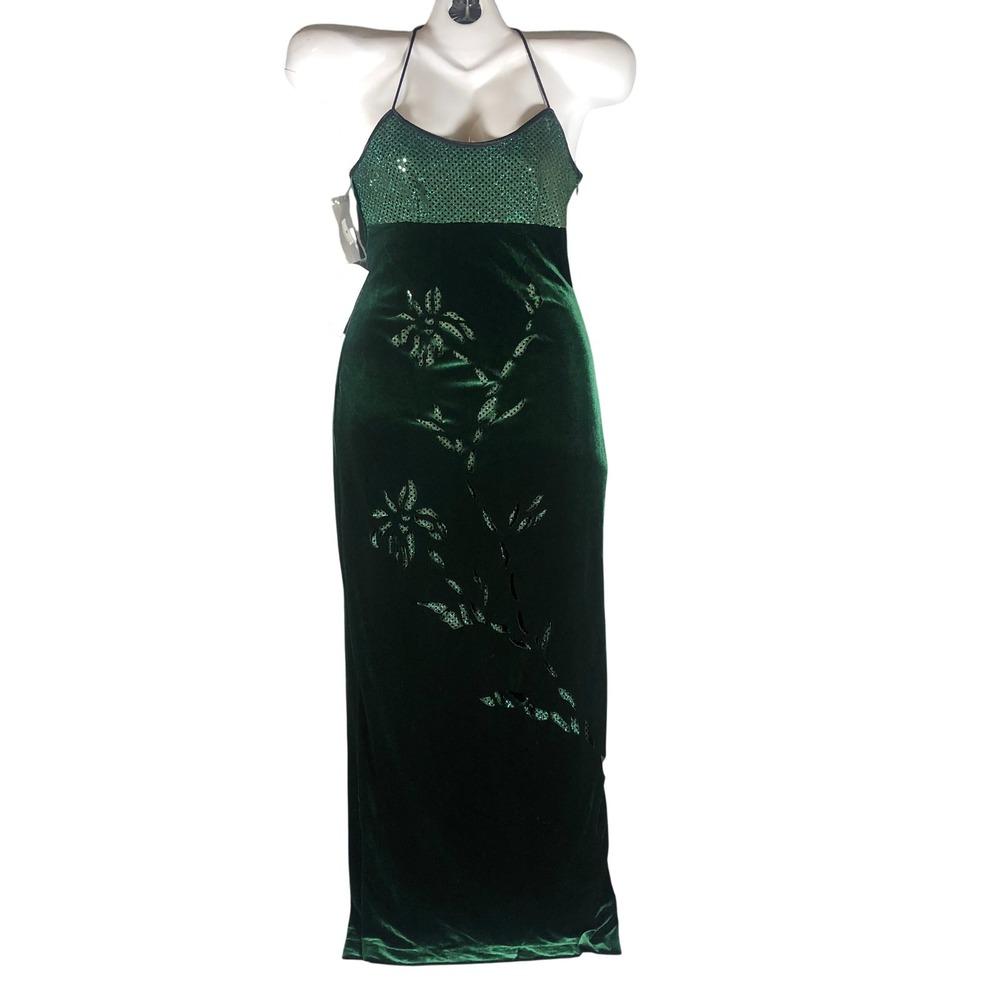 De-Laru Sheila Yen Maxi Dress Womens 7/8 Green New Velvet Sequin Halter 4067